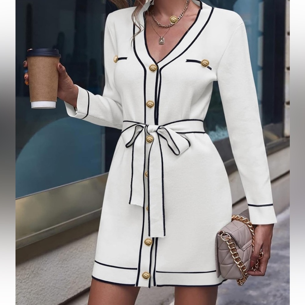 Women's V Neck Long Sleeve Button Down Sweater Dress with Belt